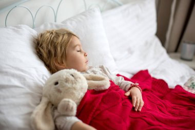 Küçük çocuk, tatlı sarışın çocuk, öğleden sonra tatlı bir oyuncakla evde uyuyor.