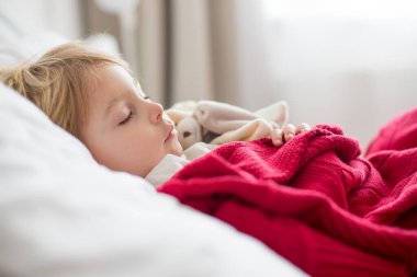 Küçük çocuk, tatlı sarışın çocuk, öğleden sonra tatlı bir oyuncakla evde uyuyor.