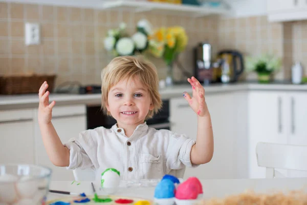 Beautiful Blond Child Toddler Boy Painting Easter Eggs Mother Home Stock Picture