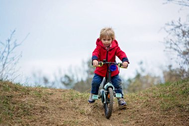 Küçük çocuk, baharda parkta bisiklet sürmeyi öğreniyor.