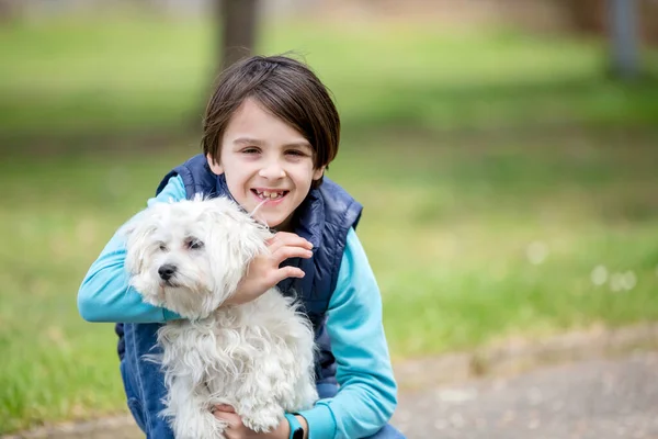 Mignon Preteen Garçon Étreignant Son Chien Compagnie Dans Parc Amour — Photo