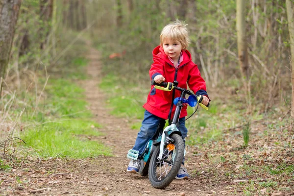 Little Boy Learning How Ride Bike Park Springtime — Stock Photo, Image