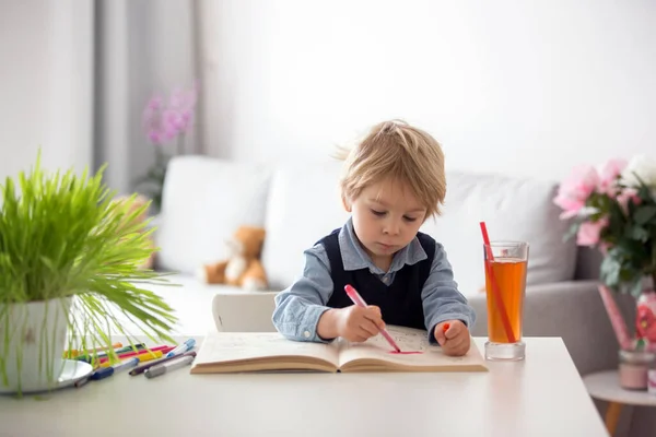 Lindo Niño Preescolar Chico Rubio Llenando Algunos Deberes Libro Colorear — Foto de Stock