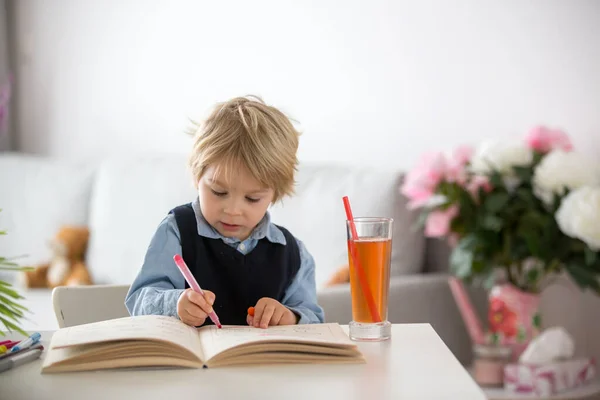 可爱的学龄前儿童 金发男孩 在书中填写一些作业和彩绘图片 — 图库照片