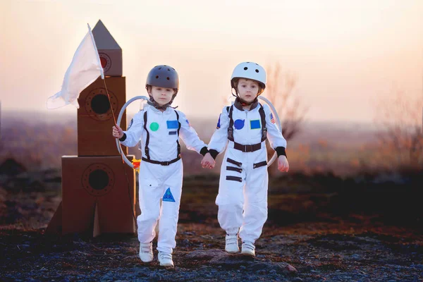 Due Adorabili Bambini Fratelli Maschi Che Giocano Nel Parco Tramonto — Foto Stock