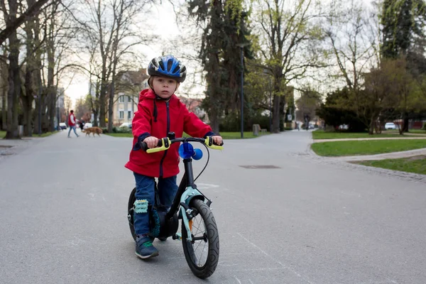 Cute Child Toddler Boy Playing Hopscotch Running Riding Bike Park — Stock Photo, Image