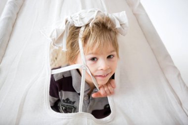 Sarışın çocuk, evde doldurulmuş maymunla çadırı kaplıyor.