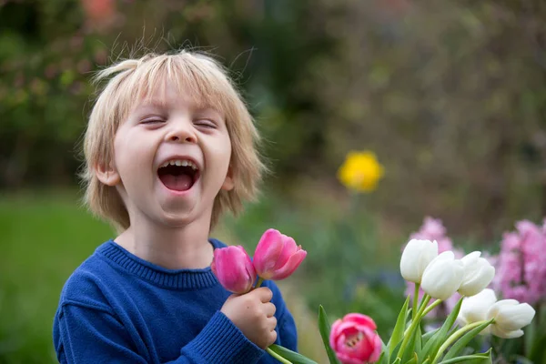 Little Toddler Blond Boy Child Holding Vase Tulips Mom Gift — Stock Photo, Image