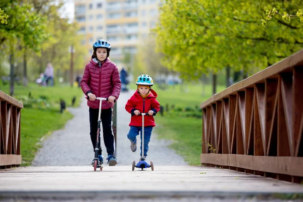 Kinderen Broers Paardrijders Samen Het Park Zonnige Lentedag — Stockfoto