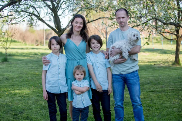 Mooi Gezin Met Kinderen Mama Papa Drie Jongens Een Hond — Stockfoto