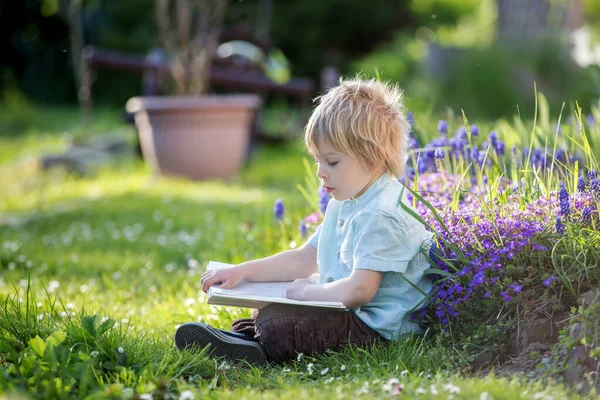 Beautiful Blond Toddler Child Cute Boy Shirt Reading Book Garden — Stock Photo, Image