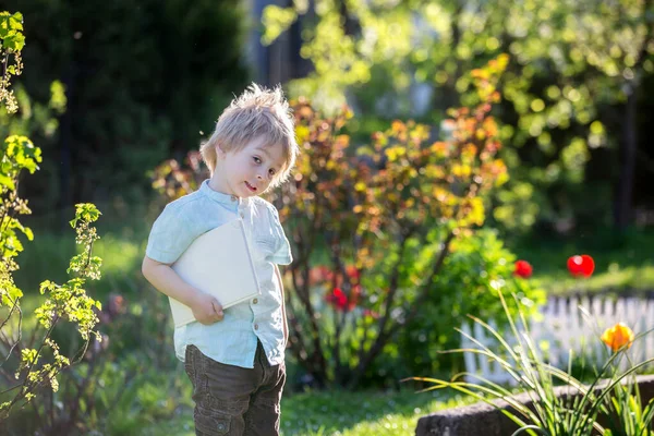 Vackert Blont Barn Söt Pojke Skjorta Läsa Bok Trädgården Solnedgången — Stockfoto