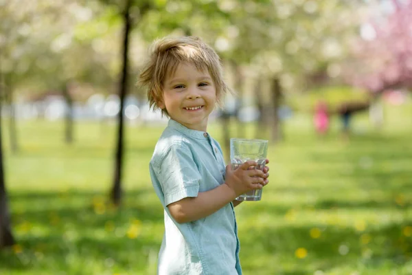 Gyönyörű Szőke Gyermek Fiú Ivóvíz Parkban Egy Forró Nyári Napon — Stock Fotó