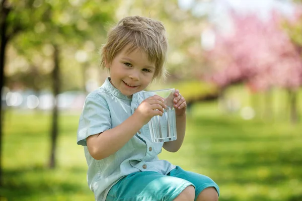 Gyönyörű Szőke Gyermek Fiú Ivóvíz Parkban Egy Forró Nyári Napon — Stock Fotó