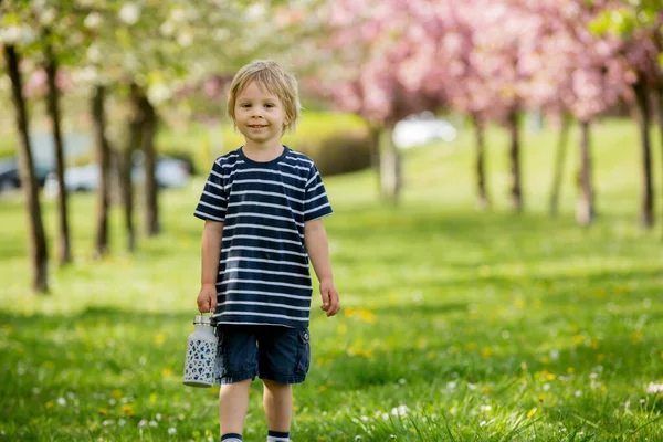 Mooi Blond Kind Jongen Drinkwater Het Park Een Warme Zomerdag — Stockfoto