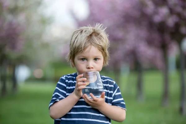 Schöne Blonde Kind Junge Trinkwasser Park Einem Heißen Sommertag — Stockfoto