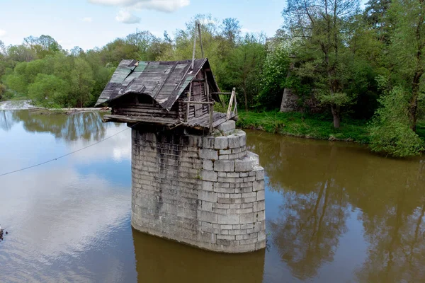 Vue Aérienne Vieux Chalet Bois Sur Pilier Brique Petite Cabane — Photo