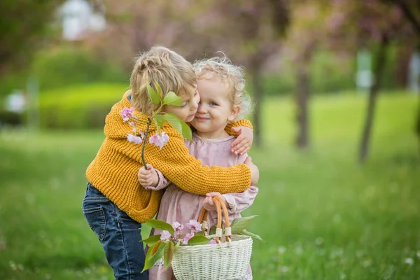 아름다운 아이들 걸음마를 소녀들 동산에서 소년은 소녀에게 야생화 꽃다발을 아이들의 — 스톡 사진