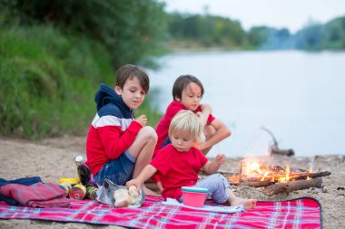 Aile piknik yapıyor ve yaz akşamları nehir kenarında kamp ateşi yakıyor.