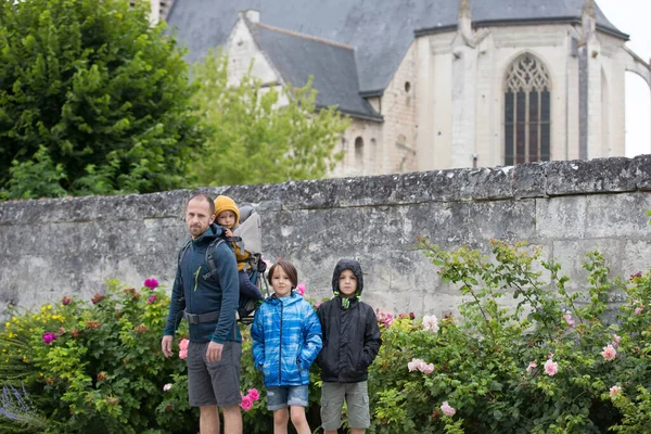 Happy Family Father Sons Walking Little Village France Visiting Famous — Stock Photo, Image