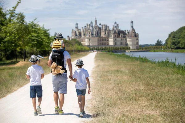 Szczęśliwe Dzieci Spacerujące Terenie Zamku Chambord Dolinie Loary Francji Letni — Zdjęcie stockowe