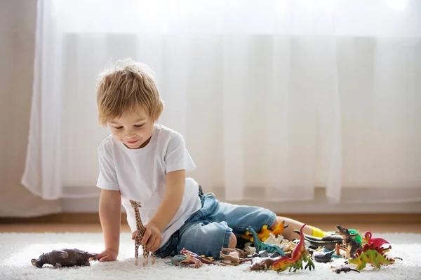 Blond Child Toddler Boy Playing Plastic Animal Toys Home Soft — Stock Photo, Image