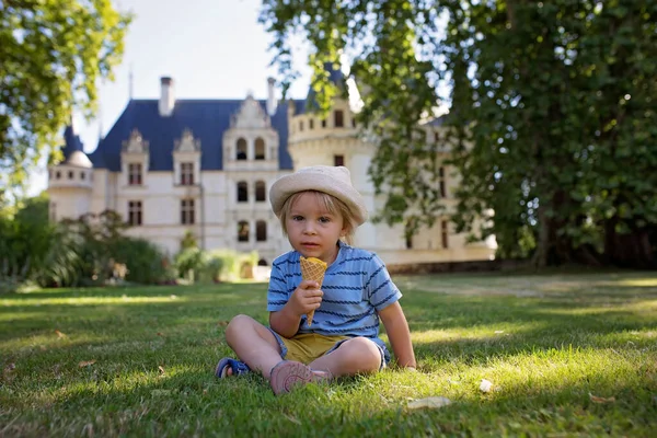 Słodkie Dziecko Mały Chłopiec Jedzący Lody Ogrodach Zamku Azay Rideau — Zdjęcie stockowe