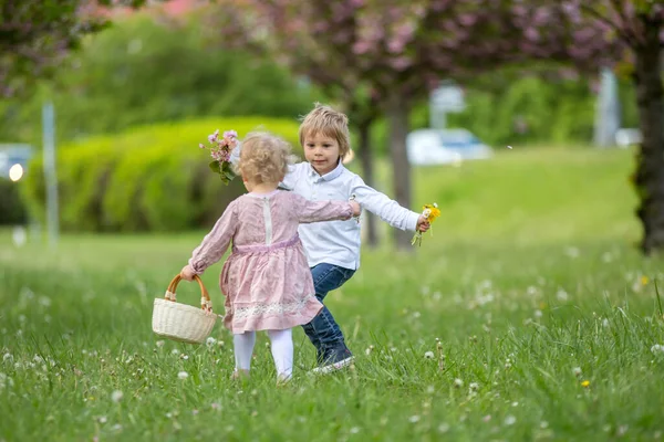 美しい子供たち 幼児の男の子と女の子 一緒に桜の庭で遊んで 一緒に走り 喜びと笑顔 子供の友情 幸せな子供時代 — ストック写真