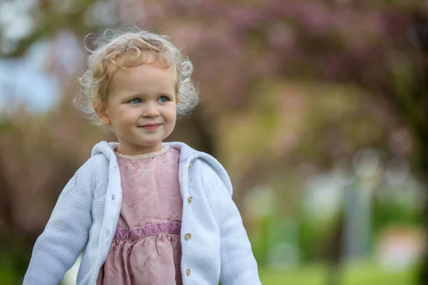 美しい幼児ブロンドの子供 ヴィンテージのかわいい女の子バラのドレス 公園の春に遊ぶ 桜の庭 — ストック写真