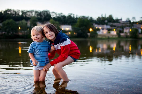 Beautiful Child Boy Playing River Sunset Summertime Stock Image