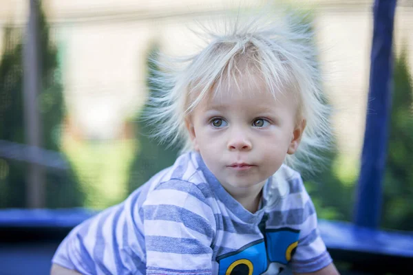 Schattig Jongetje Met Statisch Elektrisch Haar Met Zijn Grappige Portret — Stockfoto