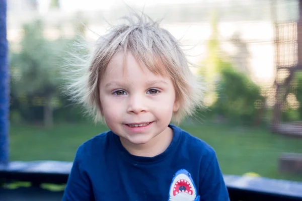 Netter Kleiner Junge Mit Statischen Elektrischen Haaren Der Sein Lustiges — Stockfoto