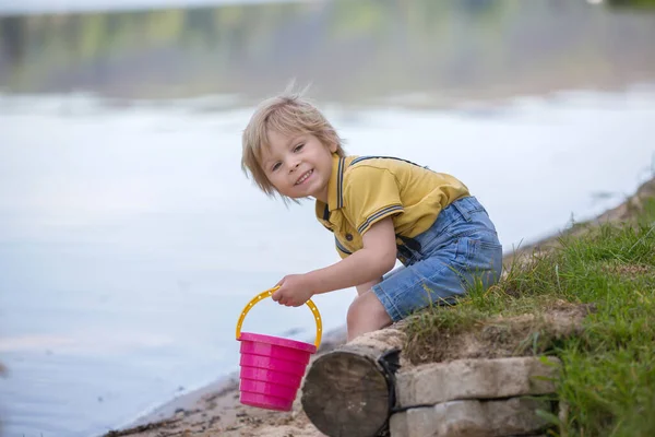 Little Toddler Child Cute Boy Playing Toys Sand Lake Summertime — Stock Photo, Image