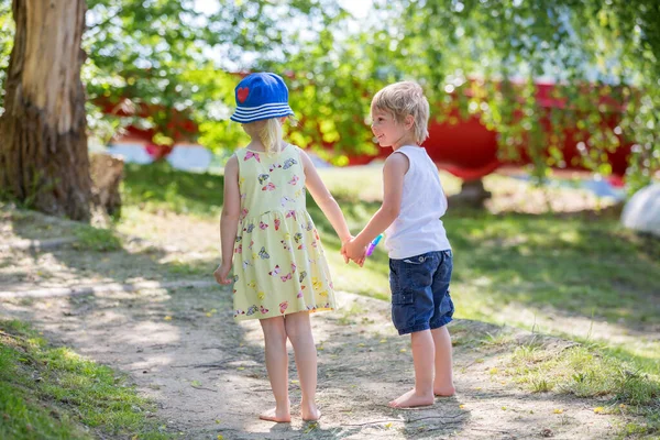 Dulces Niños Pequeños Caminando Juntos Mano Pequeño Camino Lado Lago — Foto de Stock