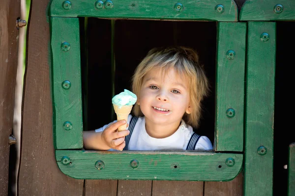 Дитина Милий Хлопчик Їсть Морозиво Парку Відкритому Повітрі — стокове фото
