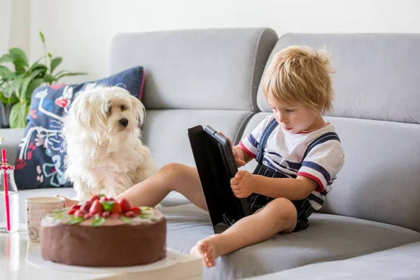 Criança Pequena Menino Loiro Assistindo Filme Casa Ipad — Fotografia de Stock