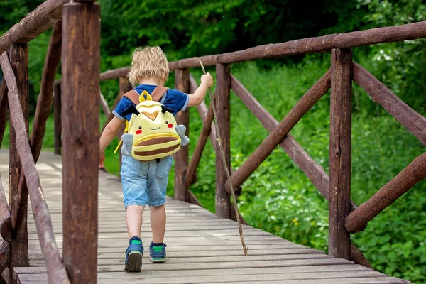 Little Toddler Child Boy Walking Little Path Next Fence Park — Stock Photo, Image