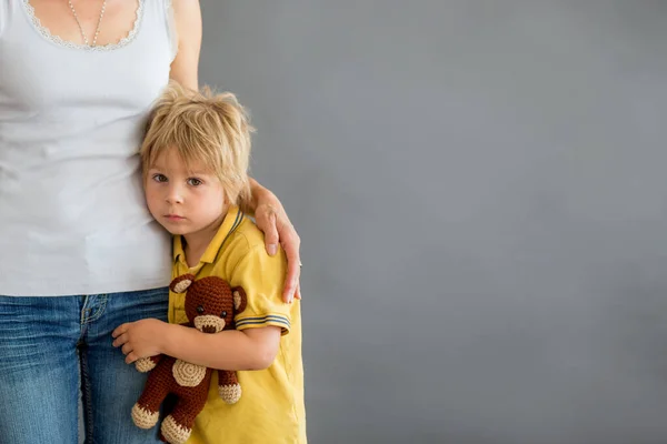 Sad Little Child Blond Boy Hugging His Mother Home — Stock Photo, Image