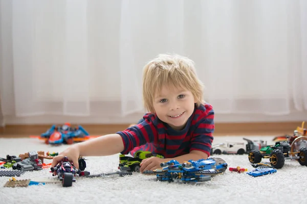 Cute Toddler Child Blond Boy Playing Colofrul Plastic Blocks Construction — Stock Photo, Image