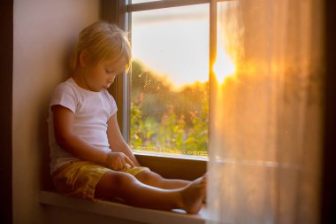 Sevimli çocuk, evdeki günbatımında penceresinde evcil köpekle oturuyor.