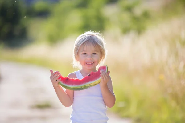 Cute Blond Child Toddler Boy Pet Dog Eating Watermelon Garden — Stock Photo, Image