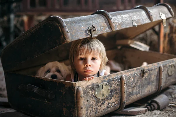 Tatlı Çocuk Sarışın Çocuk Tavan Arasında Büyük Bir Bavulda Saklanıyor — Stok fotoğraf