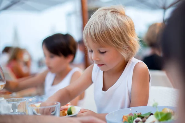 Sweet Child Cute Boy Eating Pizza French Fries Restaurant Beach — 图库照片