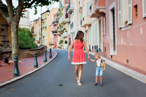 Cute Blond Child Mom Toddler Boy Parent Walking Monaco Ville — 图库照片