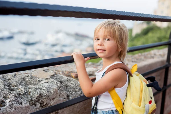 Cute Blond Dziecko Maluch Chłopiec Oglądanie Portu Monako Wioski Monako — Zdjęcie stockowe