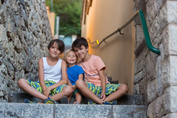 Happy Beautiful Children Boys Playing Stone Staircasechild Kid Toddler Camera — Stock Photo, Image