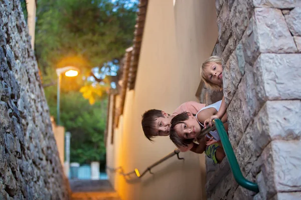 Happy Beautiful Children Boys Playing Stone Staircasechild Kid Toddler Camera — Stock Photo, Image