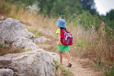 Sırt çantalı sevimli anaokulu çocuğu bulutlu bir günde dağda yürüyor, doğanın fotoğraflarını çekiyor.