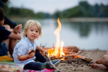 Aile piknik yapıyor ve yaz akşamları nehir kenarında kamp ateşi yakıyor.