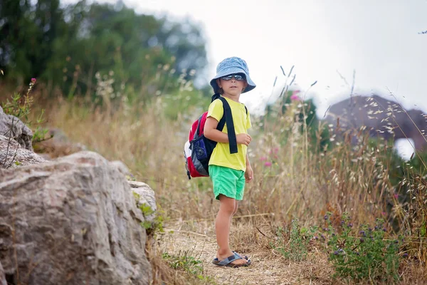 Netter Junge Vorschulalter Mit Rucksack Einem Bewölkten Tag Einem Berg — Stockfoto